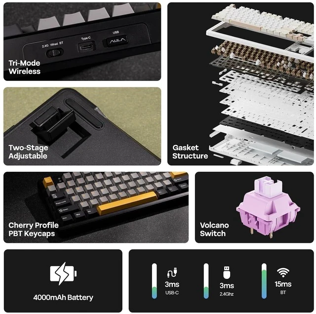 Alt view image 2 of 5 - Aula F108 Wireless Gaming Keyboard, Full Size Mechanical Keyboard with 4000mAh Battery, 108 Hot-Swappable and Programmable Keys, RGB Backlight, for Mac/PC/Android (Grey&Yellow)