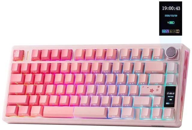 Main image of TH80 V2 PRO Wireless Gaming Keyboard with Screen&Knob, 10000mAh, 2.4Ghz/BT/USB-C, RGB, Hot Swap, Custom Driver, NKRO, PBT Keycap, Mechanical Keyboard for PC/Mac (Pink, Sea Salt Silent)