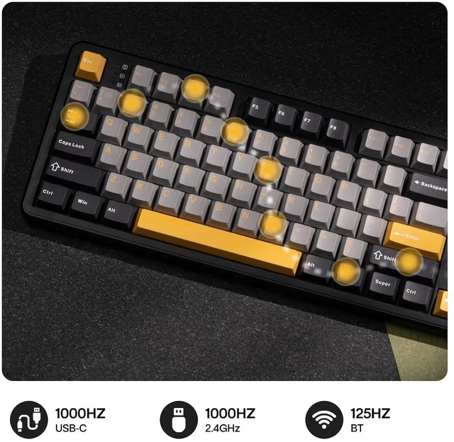 Alt view image 3 of 5 - Aula F108 Wireless Gaming Keyboard, Full Size Mechanical Keyboard with 4000mAh Battery, 108 Hot-Swappable and Programmable Keys, RGB Backlight, for Mac/PC/Android (Grey&Yellow)