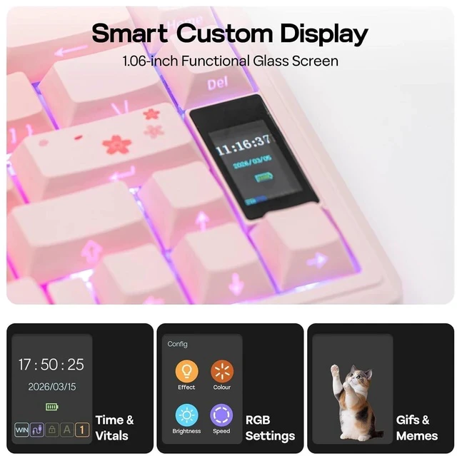 Alt view image 3 of 7 - TH80 V2 PRO Wireless Gaming Keyboard with Screen&Knob, 10000mAh, 2.4Ghz/BT/USB-C, RGB, Hot Swap, Custom Driver, NKRO, PBT Keycap, Mechanical Keyboard for PC/Mac (Pink, Sea Salt Silent)