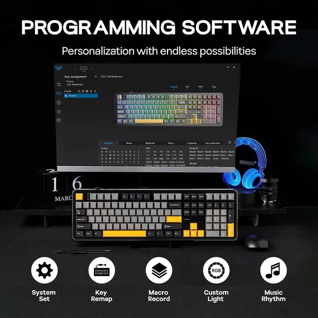 Alt view image 5 of 5 - Aula F108 Wireless Gaming Keyboard, Full Size Mechanical Keyboard with 4000mAh Battery, 108 Hot-Swappable and Programmable Keys, RGB Backlight, for Mac/PC/Android (Grey&Yellow)