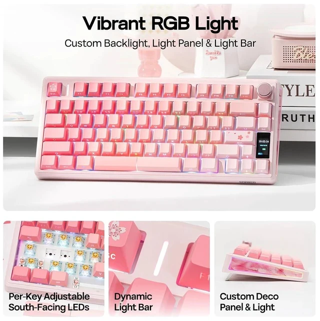 Alt view image 4 of 7 - TH80 V2 PRO Wireless Gaming Keyboard with Screen&Knob, 10000mAh, 2.4Ghz/BT/USB-C, RGB, Hot Swap, Custom Driver, NKRO, PBT Keycap, Mechanical Keyboard for PC/Mac (Pink, Sea Salt Silent)