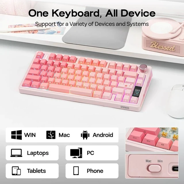 Alt view image 6 of 7 - TH80 V2 PRO Wireless Gaming Keyboard with Screen&Knob, 10000mAh, 2.4Ghz/BT/USB-C, RGB, Hot Swap, Custom Driver, NKRO, PBT Keycap, Mechanical Keyboard for PC/Mac (Pink, Sea Salt Silent)