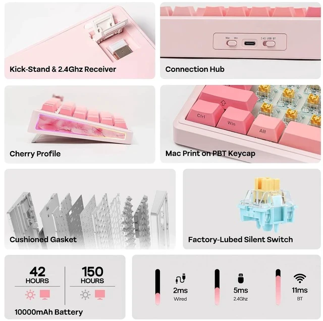 Alt view image 2 of 7 - TH80 V2 PRO Wireless Gaming Keyboard with Screen&Knob, 10000mAh, 2.4Ghz/BT/USB-C, RGB, Hot Swap, Custom Driver, NKRO, PBT Keycap, Mechanical Keyboard for PC/Mac (Pink, Sea Salt Silent)