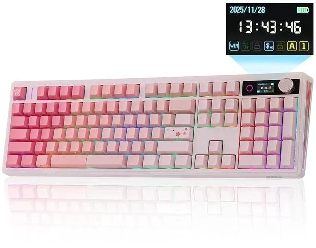 Main image of TH108 V2 PRO Full Size Mechanical Keyboard with Screen&Knob, 10000mAh, BT/2.4Ghz, Mac Modifier PBT Keycap, Hot Swap, RGB, Gasket, Wireless Gaming Keyboard for Mac/PC (Pink, Sea Salt Silent)