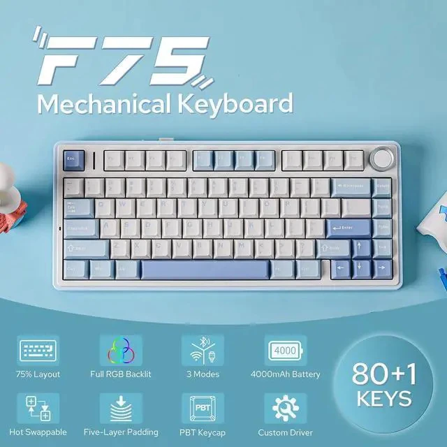 Alt view image 2 of 7 - x Aula F75 Gasket Mechanical Keyboard+Frost Jelly Keycaps Set - 126 Keys Forged Carbon Fiber Keycaps