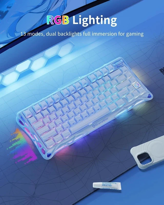 Alt view image 5 of 6 - GravaStar Mercury K1 75% Blue Gaming Keyboard, Aluminum Alloy Mechanical Keyboard, Gasket Hot-Swap Socket, Linear Switches, RGB Backlit, Wireless Keyboard for Gaming, Office, and Gifts