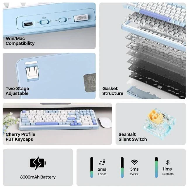 Alt view image 3 of 7 - TH99 Tri-Mode Wireless Mechanical Keyboard with 8000mAh Battery+CloudGel Wrist Rest for Keyboard and Mouse