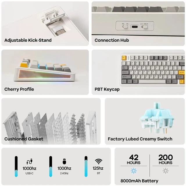 Alt view image 2 of 6 - TH80 V2 75% Wireless Mechanical Keyboard with Metal Knob, 8000mAh, 2.4Ghz/BT/USB-C, RGB, Hot Swap, Custom Driver, PBT Keycap, Wireless Gaming Keyboard for PC/Mac (White, Creamy Jade)