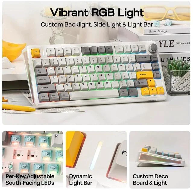 Alt view image 3 of 6 - TH80 V2 75% Wireless Mechanical Keyboard with Metal Knob, 8000mAh, 2.4Ghz/BT/USB-C, RGB, Hot Swap, Custom Driver, PBT Keycap, Wireless Gaming Keyboard for PC/Mac (White, Sea Salt Silent)