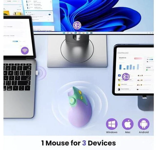 Alt view image 2 of 7 - Ergonomic Mouse Rechargeable USB+Dual Bluetooth MOU-302 Vertical Wireless Mouse with Volume Knob Quiet Clicks Multi-Device Cordless Mice Compatible for Windows PC Laptop Mac OS Purple