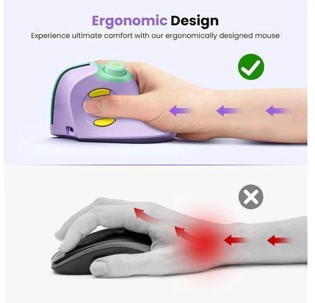 Alt view image 3 of 7 - Ergonomic Mouse Rechargeable USB+Dual Bluetooth MOU-302 Vertical Wireless Mouse with Volume Knob Quiet Clicks Multi-Device Cordless Mice Compatible for Windows PC Laptop Mac OS Purple