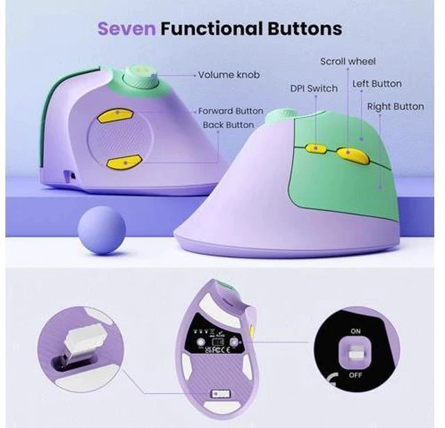 Alt view image 7 of 7 - Ergonomic Mouse Rechargeable USB+Dual Bluetooth MOU-302 Vertical Wireless Mouse with Volume Knob Quiet Clicks Multi-Device Cordless Mice Compatible for Windows PC Laptop Mac OS Purple