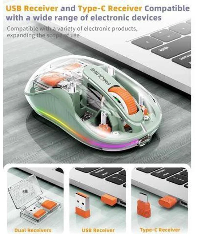 Alt view image 4 of 7 - Bluetooth Wireless Mouse Transparent RGB Tri-Modes Mouse Bluetooth & 2.4GHz for Multi Device USB-C Receiver Ideal for MacBook/Laptops Rechargeable Silent Portable Cool LED Ergonomic - Green