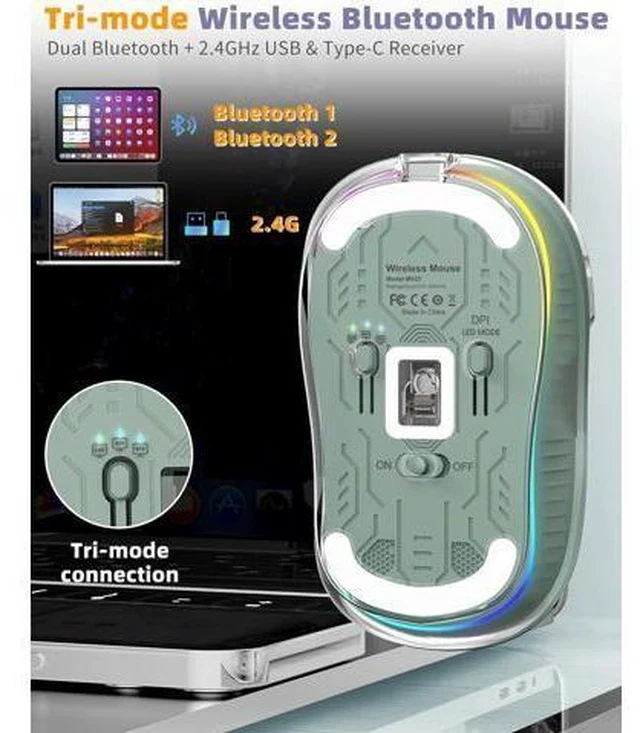 Alt view image 6 of 7 - Bluetooth Wireless Mouse Transparent RGB Tri-Modes Mouse Bluetooth & 2.4GHz for Multi Device USB-C Receiver Ideal for MacBook/Laptops Rechargeable Silent Portable Cool LED Ergonomic - Green