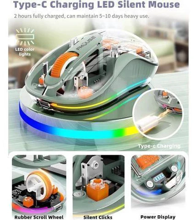 Alt view image 5 of 7 - Bluetooth Wireless Mouse Transparent RGB Tri-Modes Mouse Bluetooth & 2.4GHz for Multi Device USB-C Receiver Ideal for MacBook/Laptops Rechargeable Silent Portable Cool LED Ergonomic - Green