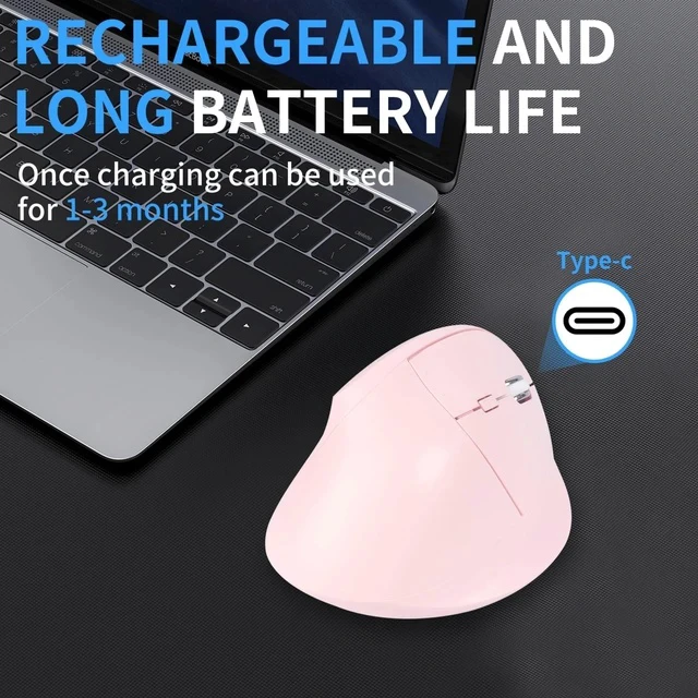 Alt view image 5 of 7 - Bluetooth Mouse,Ergonomic Vertical Mouse Wireless Rechargeable Mice Dual Mode (Bluetooth & USB), Vertical Optical Mice with USB Receiver, 6 Buttons 1600 DPI for Laptop,Computer, Mac, Windows(pink)