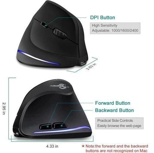 Alt view image 5 of 6 - TRELC Wireless Mouse Tri-Mode (BT 5.0/3.0+2.4GHz), Ergonomic Vertical Mouses with 3 Adjustable DPI, Rechargeable Optical Wireless Mice for 3 Devices, 7 Buttons for PC, Desktop, Laptop, Tablet (Black)