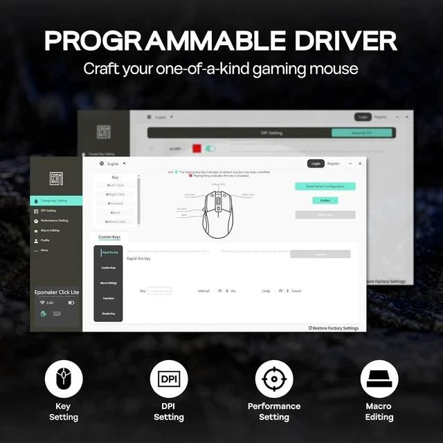 Alt view image 7 of 7 - Click Lite Wireless Gaming Mouse, 800 to 12,000 DPI Adjustable, PAW3311 Sensor, 500mAh, 59g, 2.4G/BT/USB-C Rechargeable Wireless Mouse with 5 Programmable Buttons for PC/Mac/Linux (Black)
