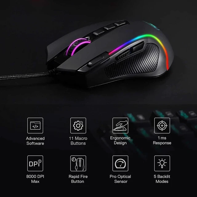 Alt view image 3 of 7 - M612 Predator Rgb Gaming Mouse, 8000 Dpi Wired Optical Gamer Mouse With 11 Programmable Buttons & 5 Backlit Modes, Software Supports Diy Keybinds Rapid Fire Button