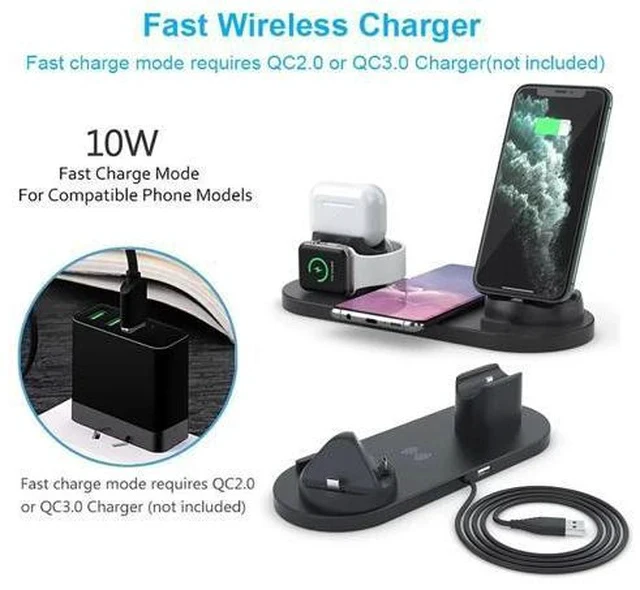 Alt view image 5 of 5 - 6 in 1 Wireless Charger Dock Station for iPhone/Android/Type-C USB Phones 10W Qi Fast Charging For Apple Watch AirPods Pro