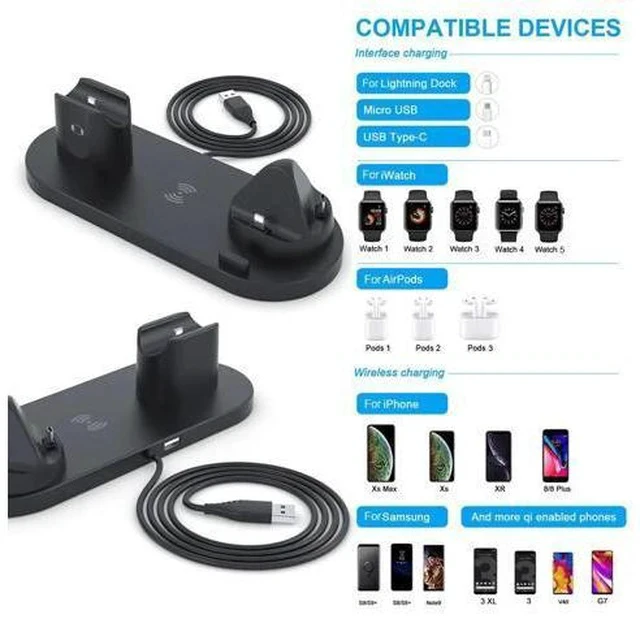 Alt view image 3 of 5 - 6 in 1 Wireless Charger Dock Station for iPhone/Android/Type-C USB Phones 10W Qi Fast Charging For Apple Watch AirPods Pro