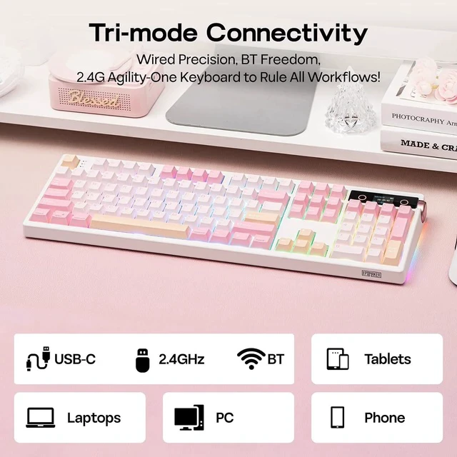 Alt view image 5 of 7 - TH108 PRO Full Size Mechanical Keyboard with Screen & Knob+Frost Jelly Keycaps Set - 126 Keys Forged Carbon Fiber Keycaps