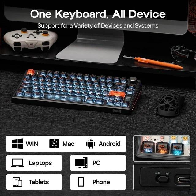 Alt view image 6 of 7 - TH80 V2 PRO Wireless Gaming Keyboard with Screen&Knob, 10000mAh, 2.4Ghz/BT/USB-C, RGB, Hot Swap, Custom Driver, NKRO, PBT Keycap, Mechanical Keyboard for PC/Mac (Black, Sea Salt Silent)