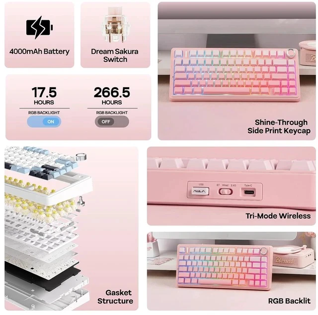 Alt view image 2 of 6 - X Aula F75 75% Wireless Gaming Keyboard, BT/2.4GHz/USB-C, Hot Swappable Creamy Mechanical Keyboard with 5-Layer Padding&Knob, NKRO, RGB (Pink)