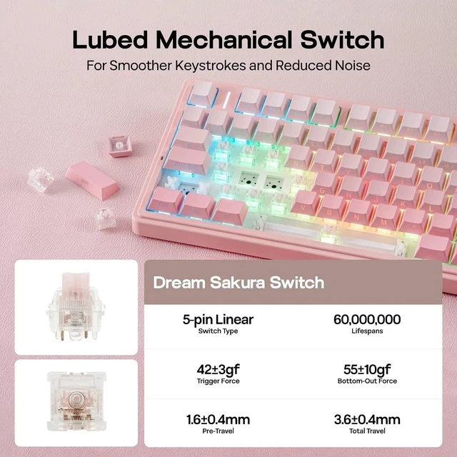 Alt view image 3 of 6 - X Aula F75 75% Wireless Gaming Keyboard, BT/2.4GHz/USB-C, Hot Swappable Creamy Mechanical Keyboard with 5-Layer Padding&Knob, NKRO, RGB (Pink)