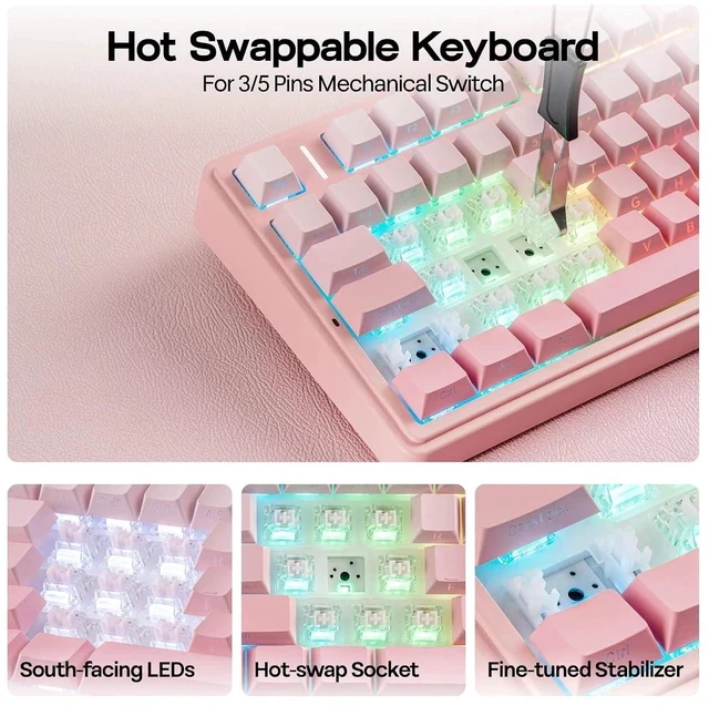 Alt view image 4 of 6 - X Aula F75 75% Wireless Gaming Keyboard, BT/2.4GHz/USB-C, Hot Swappable Creamy Mechanical Keyboard with 5-Layer Padding&Knob, NKRO, RGB (Pink)
