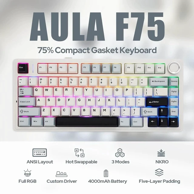 Alt view image 2 of 7 - x Aula F75 Gasket Mechanical Keyboard with Five-Layer Padding&Knob + Puff Aviator Coiled USB Cable