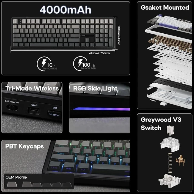 Alt view image 2 of 7 - Aula F108 Wireless Gaming Keyboard Graywood V3 Switch+35 Pieces Sea Salt Silent Switches Set