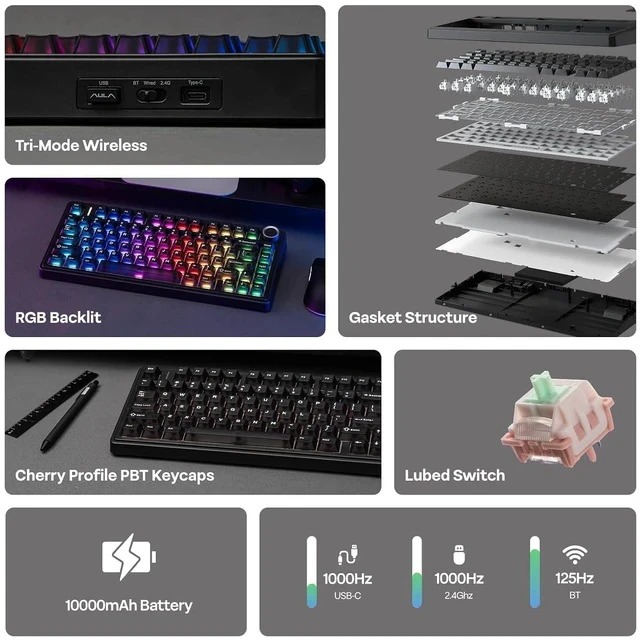 Alt view image 2 of 6 - x Aula F75 Ultra Wireless Gaming Keyboard with Knob, 10000mAh, Hot Swap, RGB, PBT Keycap, Creamy Sound, VIA, 75% Mechanical Keyboard for Win/Mac (Black, Pink Mint)