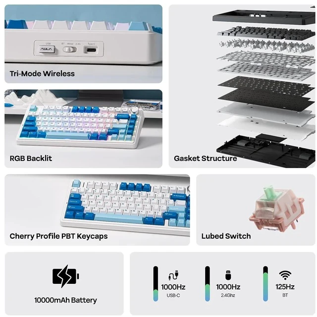 Alt view image 2 of 6 - x Aula F75 Ultra Wireless Gaming Keyboard with Knob, 10000mAh, Hot Swap, RGB, PBT Keycap, Creamy Sound, VIA, 75% Mechanical Keyboard for Win/Mac (Blue, Pink Mint)
