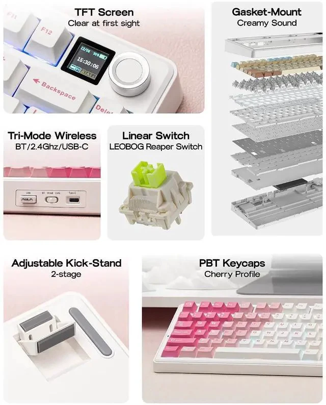 Alt view image 2 of 7 - X Aula F75 MAX Wireless Mechanical Keyboard with TFT Screen and Knob+Crystal Tactile Silent Mechanical Keyboard Switches Set