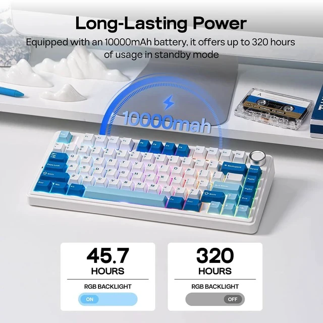 Alt view image 3 of 6 - x Aula F75 Ultra Wireless Gaming Keyboard with Knob, 10000mAh, Hot Swap, RGB, PBT Keycap, Creamy Sound, VIA, 75% Mechanical Keyboard for Win/Mac (Blue, Pink Mint)