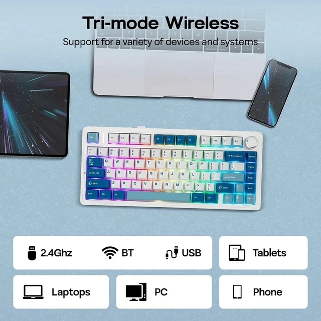 Alt view image 4 of 6 - x Aula F75 Ultra Wireless Gaming Keyboard with Knob, 10000mAh, Hot Swap, RGB, PBT Keycap, Creamy Sound, VIA, 75% Mechanical Keyboard for Win/Mac (Blue, Pink Mint)