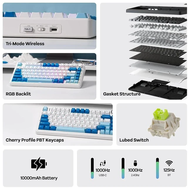 Alt view image 2 of 6 - x Aula F75 Ultra Wireless Gaming Keyboard with Knob, 10000mAh, Hot Swap, RGB, PBT Keycap, Creamy Sound, VIA, 75% Mechanical Keyboard for Win/Mac (Blue, Reaper)