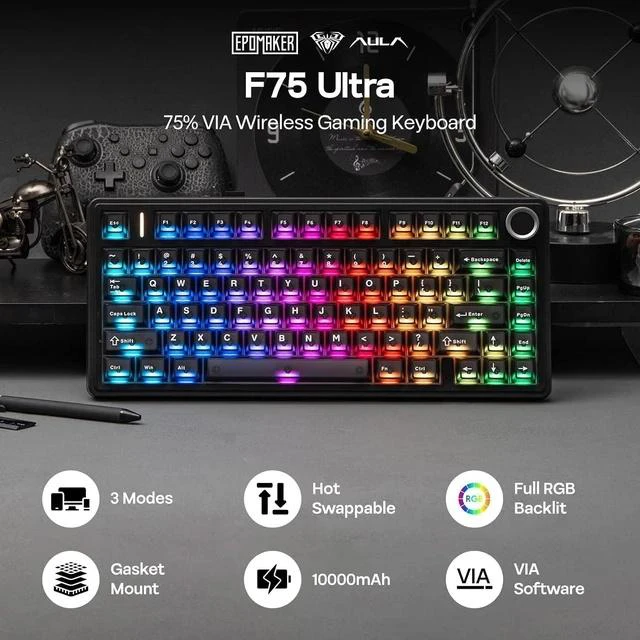 Main image of x Aula F75 Ultra Wireless Gaming Keyboard with Knob, 10000mAh, Hot Swap, RGB, PBT Keycap, Creamy Sound, VIA, 75% Mechanical Keyboard for Win/Mac (Black, Reaper)