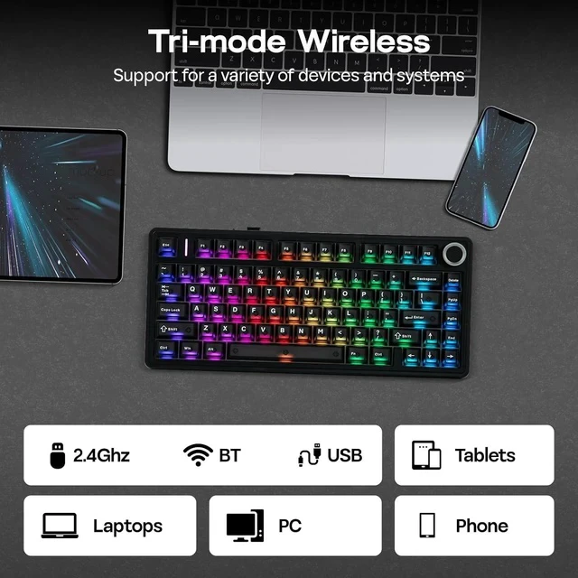 Alt view image 4 of 6 - x Aula F75 Ultra Wireless Gaming Keyboard with Knob, 10000mAh, Hot Swap, RGB, PBT Keycap, Creamy Sound, VIA, 75% Mechanical Keyboard for Win/Mac (Black, Reaper)