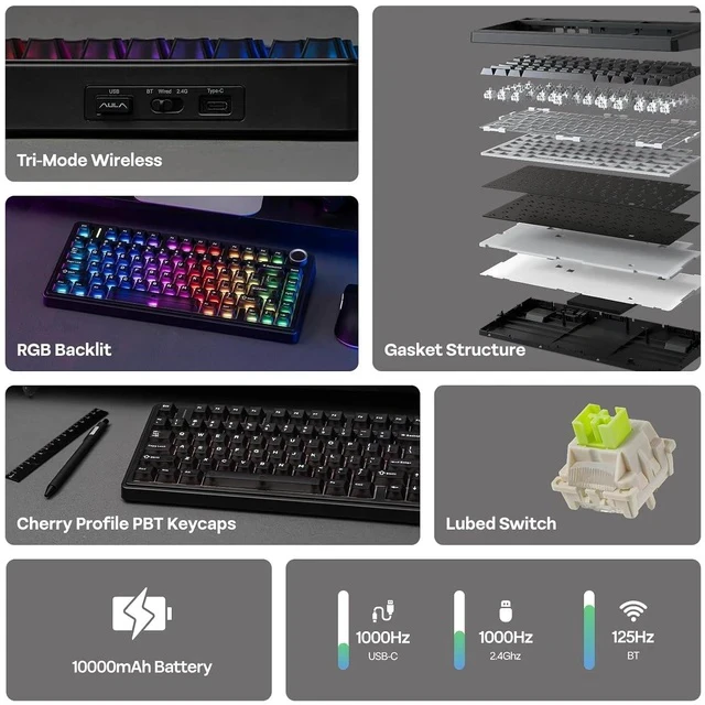 Alt view image 2 of 6 - x Aula F75 Ultra Wireless Gaming Keyboard with Knob, 10000mAh, Hot Swap, RGB, PBT Keycap, Creamy Sound, VIA, 75% Mechanical Keyboard for Win/Mac (Black, Reaper)