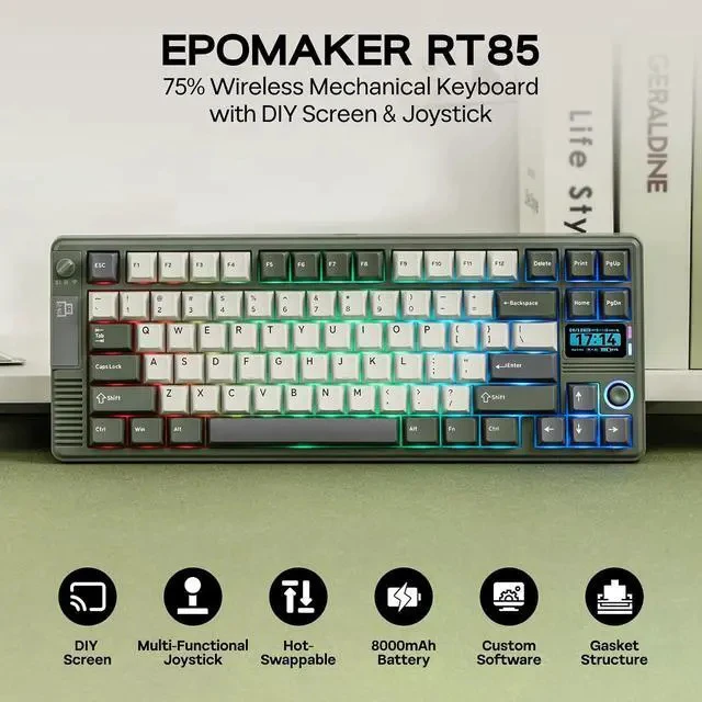 Alt view image 2 of 7 - RT85 Wireless Mechanical Keyboard with Joystick & DIY Screen | 8000mAh, BT/USB/2.4Ghz, Gasket, 5-Layer Paddings, Hot-Swap, PBT Keycap, 75% Gaming Keyboard (Army Green, Creamy Jade)