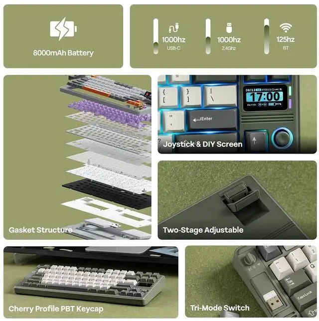 Alt view image 3 of 7 - RT85 Wireless Mechanical Keyboard with Joystick & DIY Screen | 8000mAh, BT/USB/2.4Ghz, Gasket, 5-Layer Paddings, Hot-Swap, PBT Keycap, 75% Gaming Keyboard (Army Green, Creamy Jade)