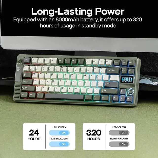 Alt view image 4 of 7 - RT85 Wireless Mechanical Keyboard with Joystick & DIY Screen | 8000mAh, BT/USB/2.4Ghz, Gasket, 5-Layer Paddings, Hot-Swap, PBT Keycap, 75% Gaming Keyboard (Army Green, Creamy Jade)