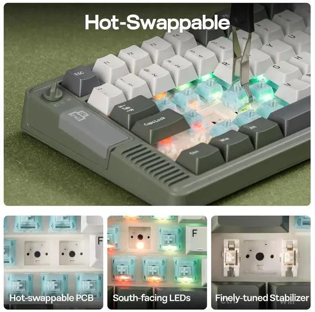 Alt view image 6 of 7 - RT85 Wireless Mechanical Keyboard with Joystick & DIY Screen | 8000mAh, BT/USB/2.4Ghz, Gasket, 5-Layer Paddings, Hot-Swap, PBT Keycap, 75% Gaming Keyboard (Army Green, Creamy Jade)