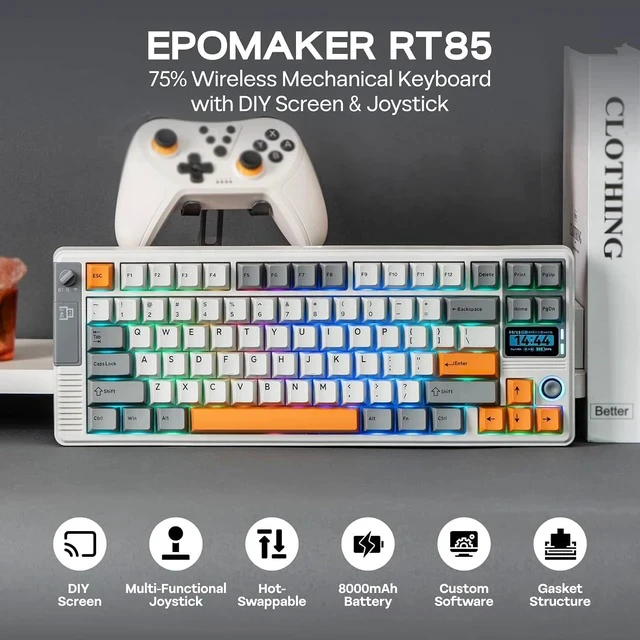 Alt view image 2 of 7 - RT85 Wireless Mechanical Keyboard with Joystick & DIY Screen | 8000mAh, BT/USB/2.4Ghz, Gasket, 5-Layer Paddings, Hot-Swap, PBT Keycap, 75% Gaming Keyboard (Retro White, Creamy Jade)