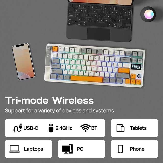 Alt view image 5 of 7 - RT85 Wireless Mechanical Keyboard with Joystick & DIY Screen | 8000mAh, BT/USB/2.4Ghz, Gasket, 5-Layer Paddings, Hot-Swap, PBT Keycap, 75% Gaming Keyboard (Retro White, Creamy Jade)