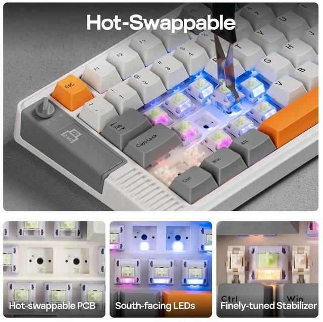 Alt view image 6 of 7 - RT85 Wireless Mechanical Keyboard with Joystick & DIY Screen | 8000mAh, BT/USB/2.4Ghz, Gasket, 5-Layer Paddings, Hot-Swap, PBT Keycap, 75% Gaming Keyboard (Retro White, Creamy Jade)