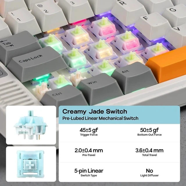 Alt view image 7 of 7 - RT85 Wireless Mechanical Keyboard with Joystick & DIY Screen | 8000mAh, BT/USB/2.4Ghz, Gasket, 5-Layer Paddings, Hot-Swap, PBT Keycap, 75% Gaming Keyboard (Retro White, Creamy Jade)